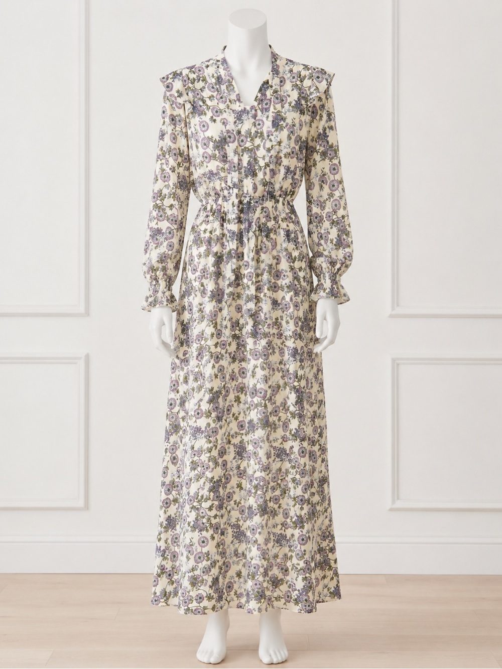 Floral Long-Sleeve Maxi Dress in Cream and Lavender